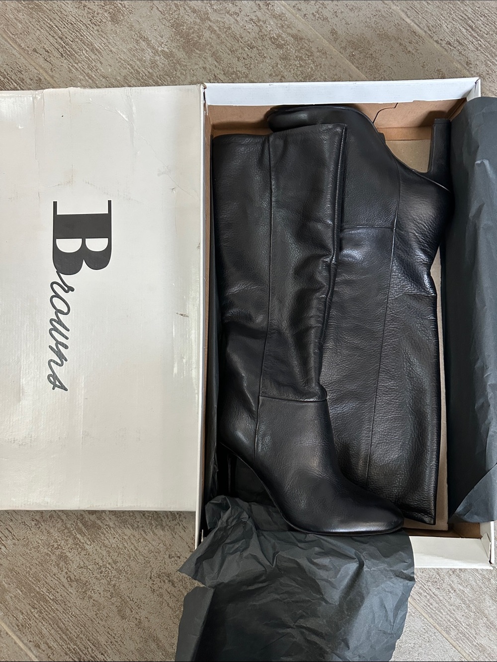B. Browns Black Leather Knee Boots